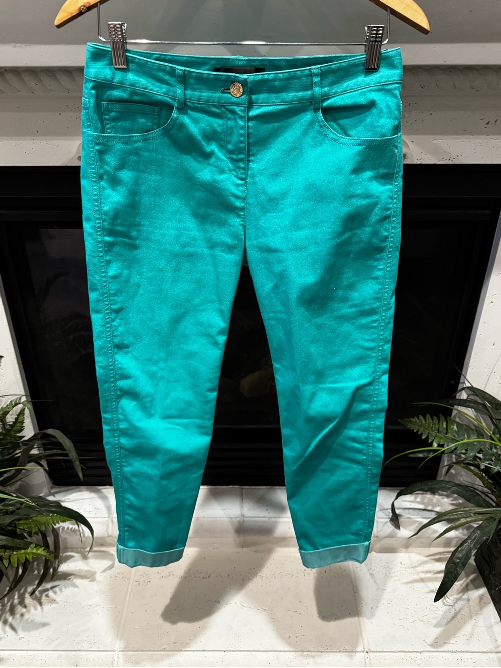 St. John Teal Stretch Denim Cuffed Ankle High-Rise Pants